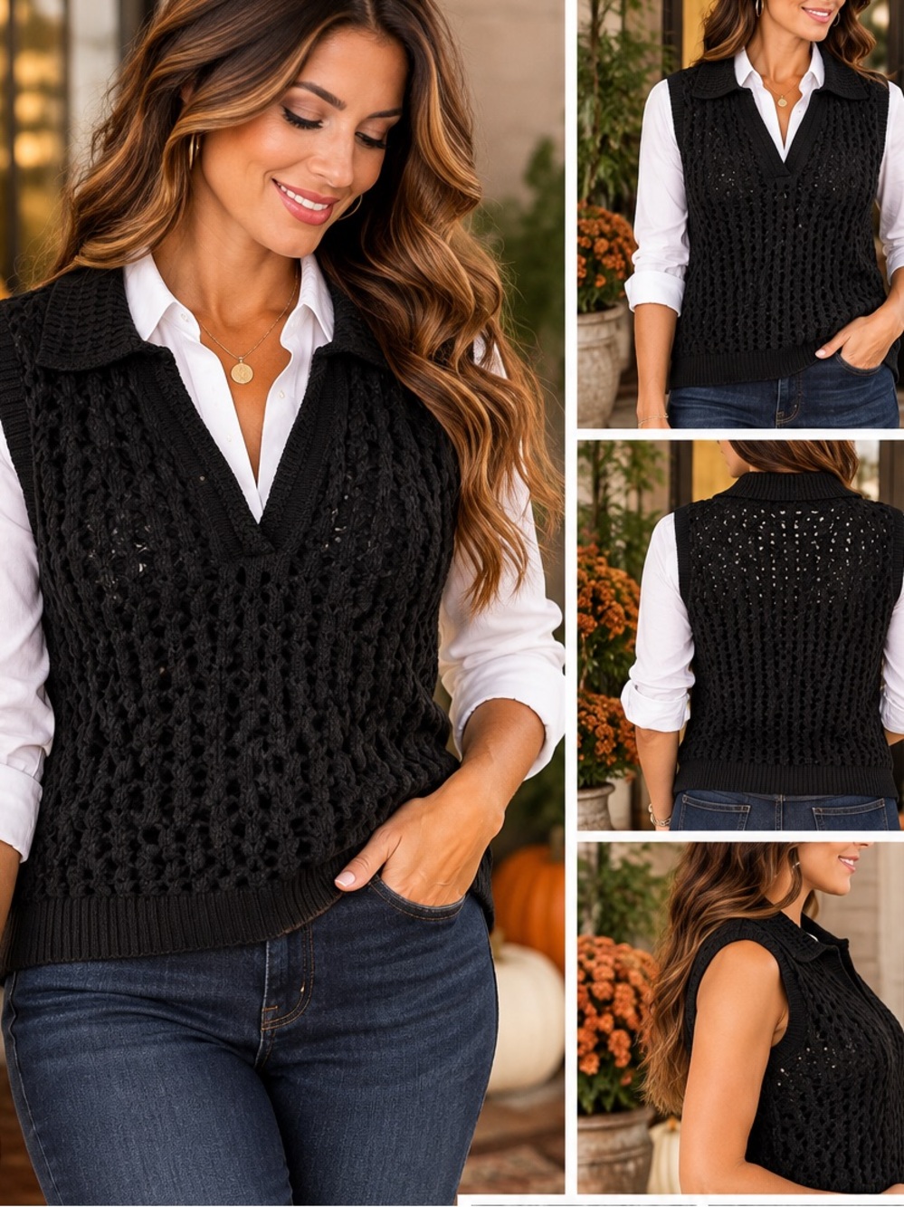Talbots Black Cable Knit V‑Neck Sweater Vest with Collar Preppy Classic Layered